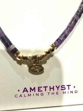 Gold and Lavender Beaded Necklace with Eye Charm